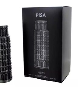 Lattafa Pride Pisa men's fragrance in a unique tower-shaped bottle.
