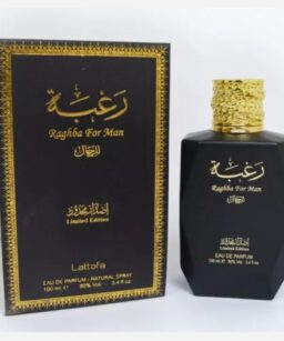 Raghba Man cologne by Lattafa, limited edition, elegant black bottle with gold accents.