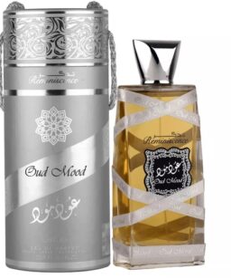 Lattafa Oud Mood unisex perfume with elegant bottle design and warm amber scent.