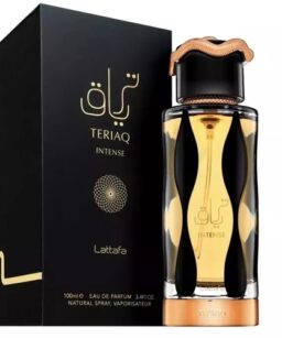 Unisex Lattafa Teriaq Intense perfume with elegant black and gold bottle design.