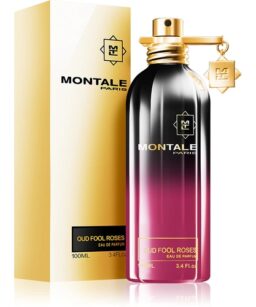 Oud Fool Roses perfume bottle with black to pink gradient, gold accents, and Montale branding.
