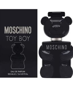 A playful black bear-shaped bottle of Moschino Toy Boy cologne for men with sleek design.