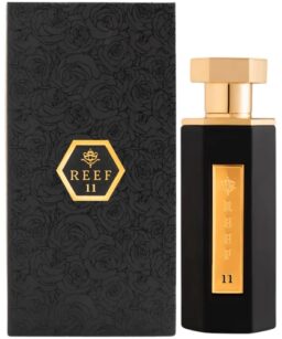 Reef 11 unisex perfume bottle with black and gold design.