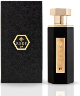Reef 19 unisex perfume bottle with black and gold design.