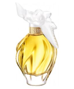 Elegant L'air Du Temps perfume bottle with white floral accents, for women.