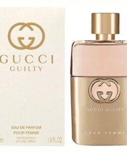 Gucci Guilty Pour Femme perfume bottle with gold cap and logo, for women.