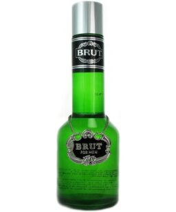 Brut Cologne for Men in a green bottle with a silver cap, featuring a stylish chain and label.