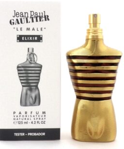 Jean Paul Gaultier Le Male Elixir men's fragrance with gold-striped bottle.