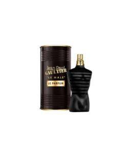 Elegant Jean Paul Gaultier Le Male Le Parfum cologne bottle with black and gold accents.