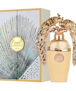 Afeef Lattafa unisex perfume bottle featuring peacock feather-inspired adornments, perfect for elega.