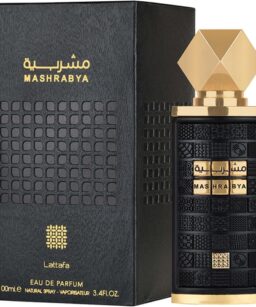 Lattafa Mashrabya unisex perfume bottle with black and gold design.
