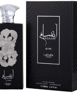 Unisex Lattafa Pride Ansaam Silver perfume with floral design bottle.