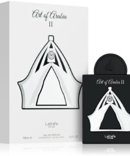 Unisex Art of Arabia II fragrance by Lattafa Pride, elegant perfume bottle design.