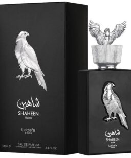 Shaheen Silver unisex perfume by Lattafa Pride with eagle design, elegant black packaging.