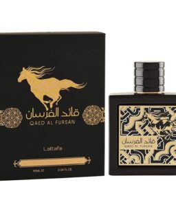 Qaed Al Fursan unisex fragrance by Lattafa, elegant black and gold design, perfect for both men and.