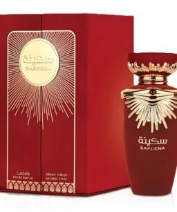 Lattafa Sakeena unisex perfume bottle with elegant red and gold design.
