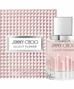 Jimmy Choo Illicit Flower perfume bottle with pink liquid and geometric glass design.