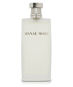 Hanae Mori for Men perfume bottle, elegant white design with silver cap.