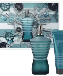 Jean Paul Gaultier Le Male perfume bottle with matching aftershave gel.