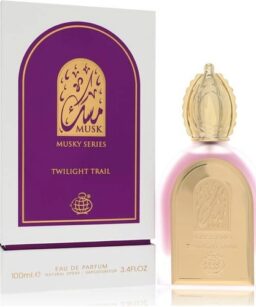 Musk Twilight Trail perfume bottle and packaging from the Musk Series. Elegant design with purple an.