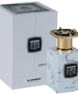 Haramain Le Reve D'Eve White Orchid perfume bottle with gold cap and marble design.