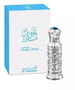 Al Haramain Musk Clean cologne bottle with elegant design.