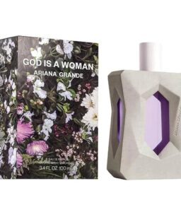 Ariana Grande God Is A Woman perfume bottle and box, floral design, feminine fragrance.