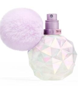 Ariana Grande Moonlight perfume for women with iridescent bottle and soft pink pom-pom accessory.