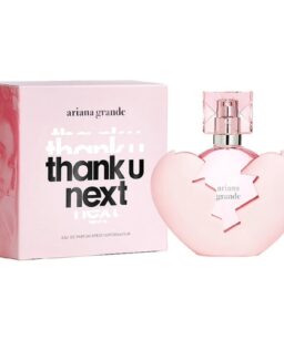 Ariana Grande Thank U Next perfume bottle with pink heart-shaped design and matching box.
