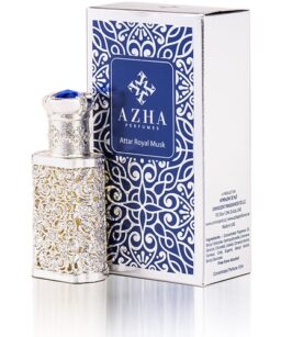 Azha Attar Royal Musk unisex perfume with intricate silver design.