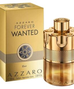 Azzaro Forever Wanted Elixir men's fragrance with luxurious gold bottle and elegant packaging.