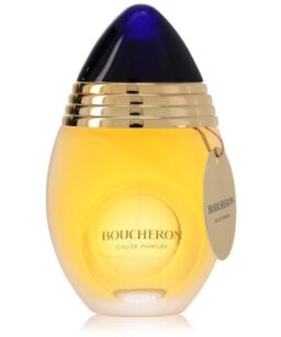 Elegant Boucheron perfume bottle with gold accents and deep blue cap.