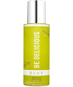 Elegant DKNY Be Delicious perfume spray for women, featuring fresh, fruity notes in a vibrant yellow.