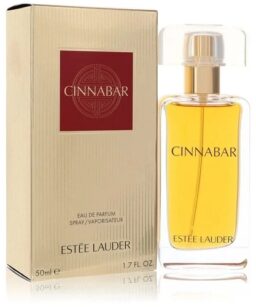Cinnabar Eau de Parfum by Estée Lauder in a sleek bottle with gold accents.