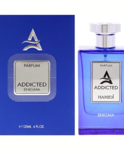 Addicted Enigma Hamidi men's fragrance in a blue bottle with silver cap.