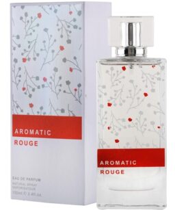 Aromatic Rouge perfume bottle with floral design and silver cap.