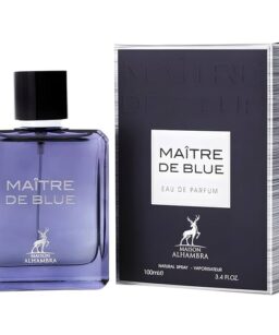 Elegant blue bottle of Maison Alhambra Maitre De Blue men's cologne.
