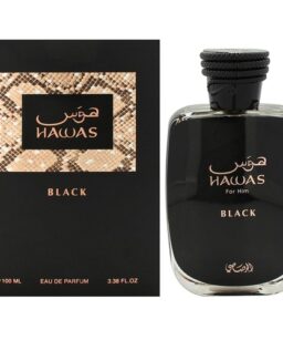 Hawas Black men's perfume bottle and packaging, luxurious fragrance for men.