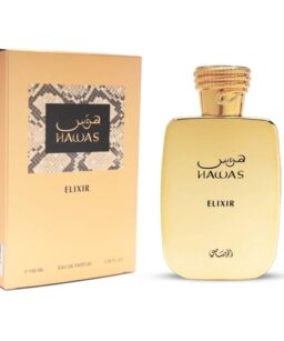 Hawas Elixir perfume bottle and box, men's fragrance by Rasasi.