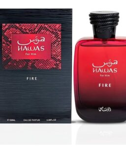 Hawas Fire Eau de Parfum for Men with bold red bottle and black cap, perfect for confident, energeti.