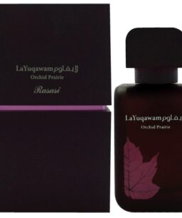 Perfume bottle and box for Rasasi La Yuqawam Orchid Prairie for women.