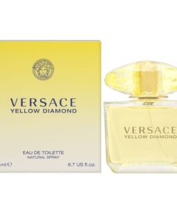 Elegant yellow diamond-shaped perfume bottle with Versace Yellow Diamond branding.