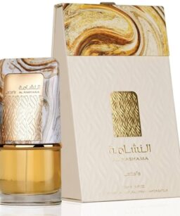 Al Nashama Lattafa women's perfume with elegant gold and marble design.