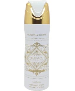 Perfumed spray bottle of Lattafa Bade'e al Oud Honor & Glory for men and women. Elegant design, long.