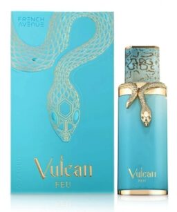 Vulcan Feu unisex perfume by French Avenue, featuring a sleek blue bottle with a gold snake detail.