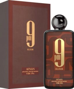 Unisex Afnan 9PM Elixir perfume bottle with stylish packaging.
