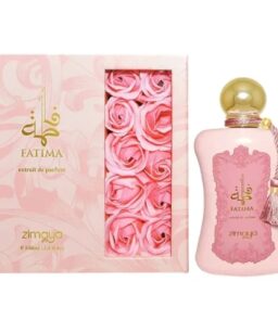 Afnan Zimaya Fatima Pink perfume bottle with pink roses in gift box.