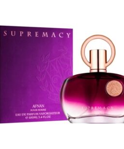 Afnan Supremacy Purple perfume bottle with purple and gold accents, ideal for women.