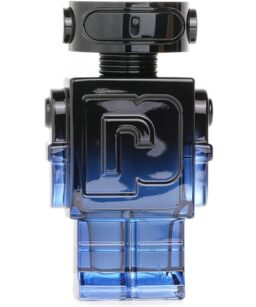 Close-up of Paco Rabanne Phantom Intense men's cologne bottle in black and blue.