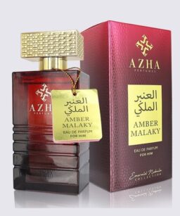 Azha Amber Malaky perfume for women with gold cap and red bottle.